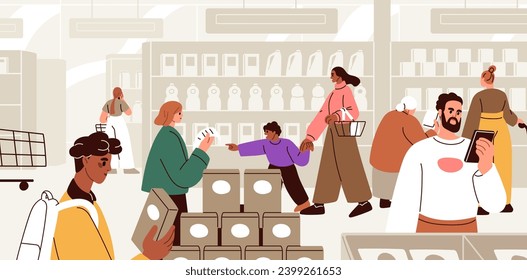 Gente en la tienda de comestibles, en la tienda. Consumidores en el supermercado. Clientes, compradores caminando, de pie, eligiendo y comprando productos alimenticios, bienes en pasillos de hipermercados, estantes. Ilustración vectorial plana