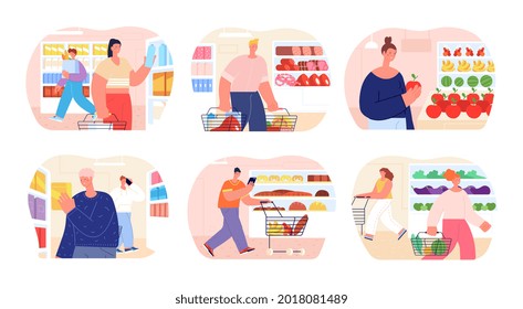 People in grocery store. Shopper buy bread, food products choice on market. Flat fresh fruits in supermarket, customer near shelves utter vector scenes