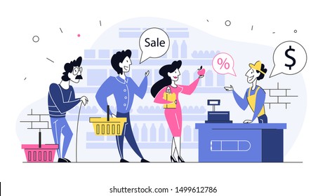 People in the grocery store stand at the cashier and pay for the food using credit card. Smiling sales man in uniform at the counter. Isolated flat illustration