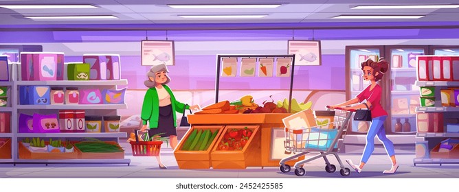 Personas en supermercado. Fondo interior de la historieta de la tienda. Estante dentro de la tienda y pasillo del centro comercial con la comida en el estante. Mujer sosteniendo la cesta en el departamento de la gastronomía pequeña con el diseño del escaparate de la verdura