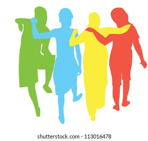 People, Group Of 4 Women With Arms Around Each Other Walking Away, Vector Illustration