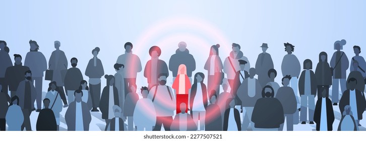 people group around red woman silhouette creative person standing out from grey crowd think different infected person