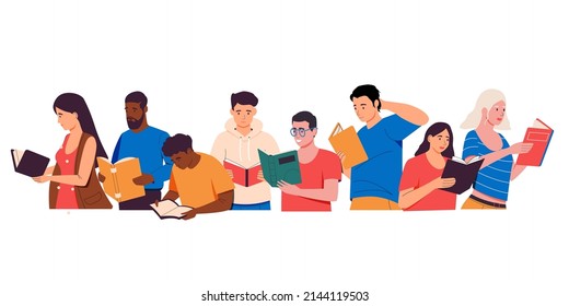 People group with books. Cartoon men and women holding and reading books, self-education concept. Young characters studying, preparing for exam. Book lovers reading modern literature