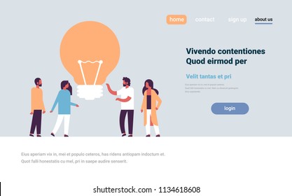 people group brainstorming new idea light lamp teamwork concept mix race couples man woman communication flat horizontal copy space vector illustration