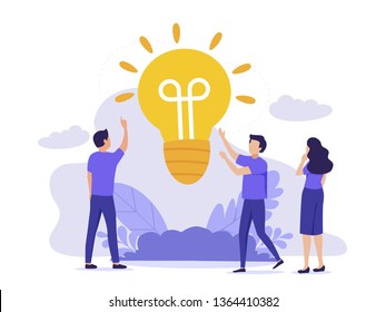 People group brainstorming new idea, light lamp teamwork concept. Creative team with raised hands thinking solution for the business. Modern UI flat illustration.