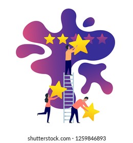 People group (buyers, users or customers) rated five stars  - vector illustration with team, ranking stars, ladder and abstract background