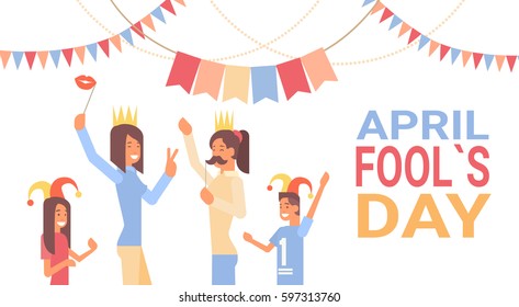 People Group Celebrating Fool Day April Holiday Greeting Card Banner Flat Vector Illustration