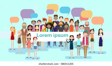 People Group Chat Bubble Communication Mix Race Crowd Social Network Flat Vector Illustration