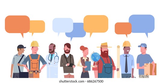 People Group With Chat Bubble Different Occupation Set Workers Profession Collection Flat Vector Illustration