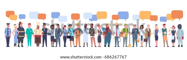 People Group With\
Chat Bubble Different Occupation Set Workers Profession Collection\
Flat Vector\
Illustration