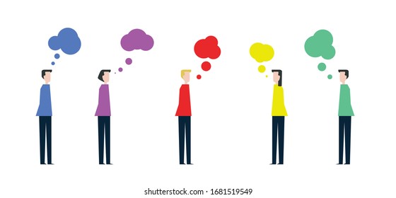 People Group Chat. Group characters with communication bubbles. Teamwork. Message. Speech Bubbles. Icons women and man with colorful dialog speech bubbles. Creative ideas. Vector illustration; EPS 10.