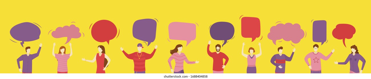 People Group Chat. Group characters with communication bubbles. Teamwork. Message. Speech Bubbles. Icons womans and mans with colorful dialog speech bubbles. Vector illustration; EPS 10. - Shutterstock ID 1688404858