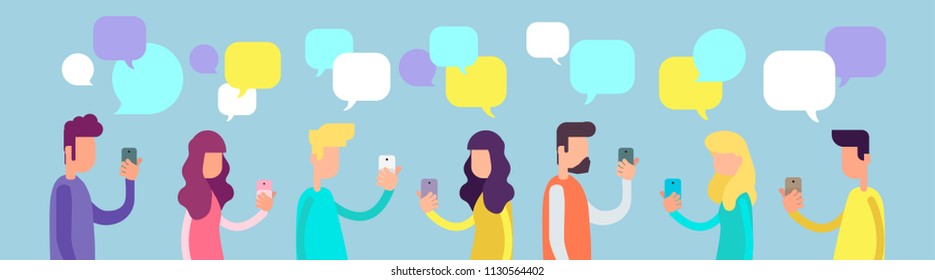 People group chat with communication bubbles. People Discussing, Communication, Social Network. Flat design vector Illustration in a cartoon style