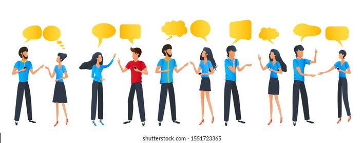 People group chat communication dialogue speech bubbles, businessmen discuss social network, cartoon characters, message, discussion of news, social networks, flat vector illustration