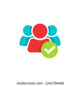 People group with checkmark vector icon, flat cartoon team union logo, success partnership symbol, united membership or verified unity, friendship or family support sign, connection