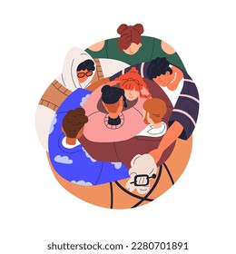 People group in circle, hugging together, top view. Supportive, caring community, tolerant united society supporting with love, peace and trust. Flat vector illustration isolated on white background