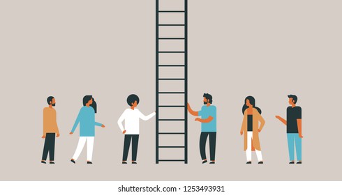 people group climbing career ladder way up new job opportunities teamwork progression concept flat horizontal