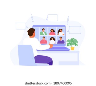 People group communicate using video chat. Online meeting webinar. Vector illustration