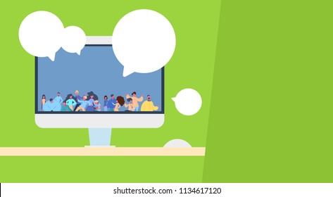 people group computer chat bubble application communication cartoon character green background portrait flat vector illustration