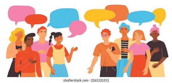 People group confrontational. Students dispute or discussion. Colleagues conversation. Coworkers arguing and misunderstanding. Teamwork communication. Speech bubbles svg