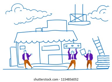 people group construction house workers team building process teamwork concept horizontal sketch doodle vector illustration