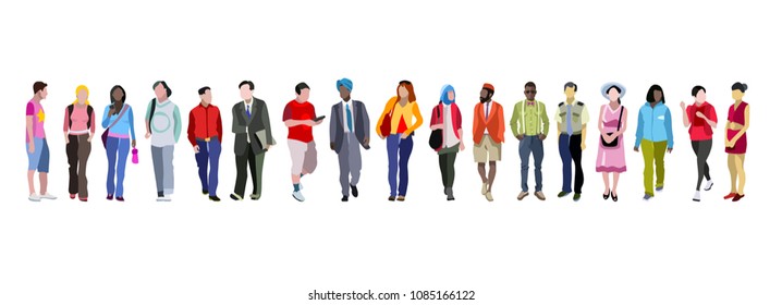 People group, crowd of diverse multi-ethnic people standing together on horizontal banner. Can use for web banner, infographics, hero images. Flat vector illustration isolated on generic white