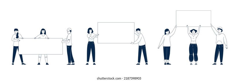 People group demonstration holding placards. Young activist movement, political or medical protest. Person on picket with blank banner recent vector set