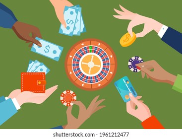 People group different nation hold hand casino chip, dollar cash banknote and gold coin flat vector illustration, isolated on white.