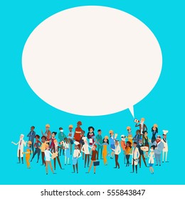 People Group Different Occupation Employees Mix Race Workers With Chat Bubble Network Communication Banner Flat Vector Illustration