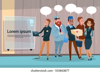 People Group Different Occupation Employees Mix Race Workers With Chat Bubble Network Communication Banner Flat Vector Illustration