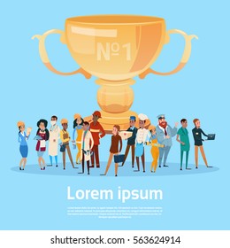 People Group Different Occupation Employees Hold Prize Winner Cup, Team Success Concept Flat Vector Illustration