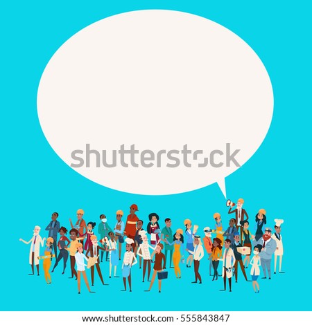 People Group Different Occupation Employees Mix Race Workers With Chat Bubble Network Communication Banner Flat Vector Illustration