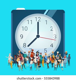 People Group Different Occupation Over Clock, Employees Mix Race Workers Banner Flat Vector Illustration