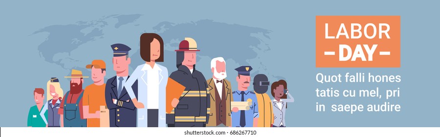 People Group Different Occupation Over World Map, International Labor Day, International Labor Day Flat Vector Illustration