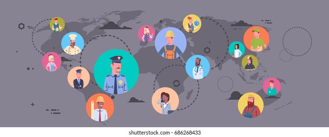People Group Different Occupation Over World Map Workers Profession Connection Flat Vector Illustration