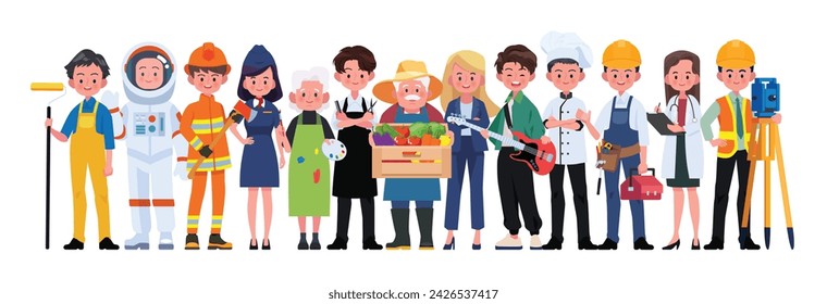 Menschen gruppieren verschiedene Berufe Beruf Set, International Labor Day Flat Vector Illustration