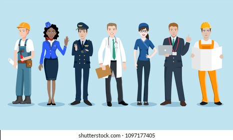 People Group Different Occupation Set, Employees Mix Race Workers Banner Flat Vector Illustration