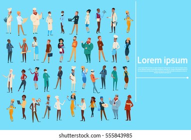 People Group Different Occupation Set, Employees Mix Race Workers Banner Flat Vector Illustration