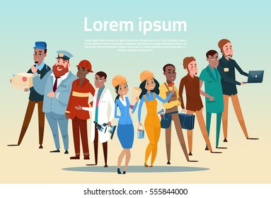 People Group Different Occupation Set, Employees Mix Race Workers Banner Flat Vector Illustration