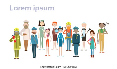 People Group Different Occupation Set, Employees Mix Race Workers Banner Flat Vector Illustration