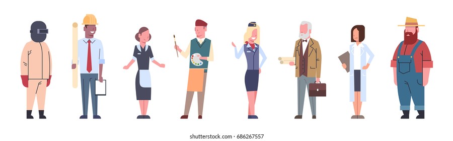 People Group Different Occupation Set Workers Profession Collection Flat Vector Illustration