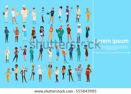 People Group Different Occupation Set, Employees Mix Race Workers Banner Flat Vector Illustration