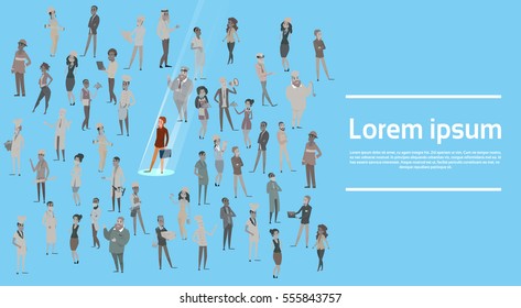 People Group Different Occupation Spotlight Hire Human Resource Recruitment Candidate Banner Flat Vector Illustration