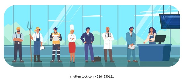 People group of different queue at airport terminal counter desk with receptionist vector illustration. Job exchange concept