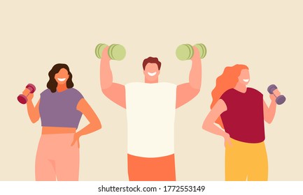 People group with dumbbells in hands. Strength Training Fitness 