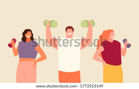People group with dumbbells in hands. Strength Training Fitness 