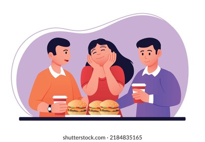People group eating. Men and woman with hamburgers and cocktails, soda. Characters with fast food, unhealthy, delicious food. Cafe or restaurant, rest and relax. Cartoon flat vector illustration