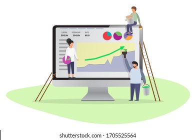 People (group or family) and computer near the window with city night. Conceptual graphics about the design and analytics