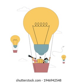 People group flies on a balloon in the form of a light bulb. Startup. Teamwork. Search for ideas. Vector illustration on white background.