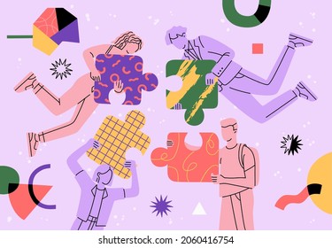 People group flying in abstract space and connecting big puzzle elements. Team building concept. Teamwork, partnership and cooperation. Hand drawn vector illustration. Modern flat cartoon style.